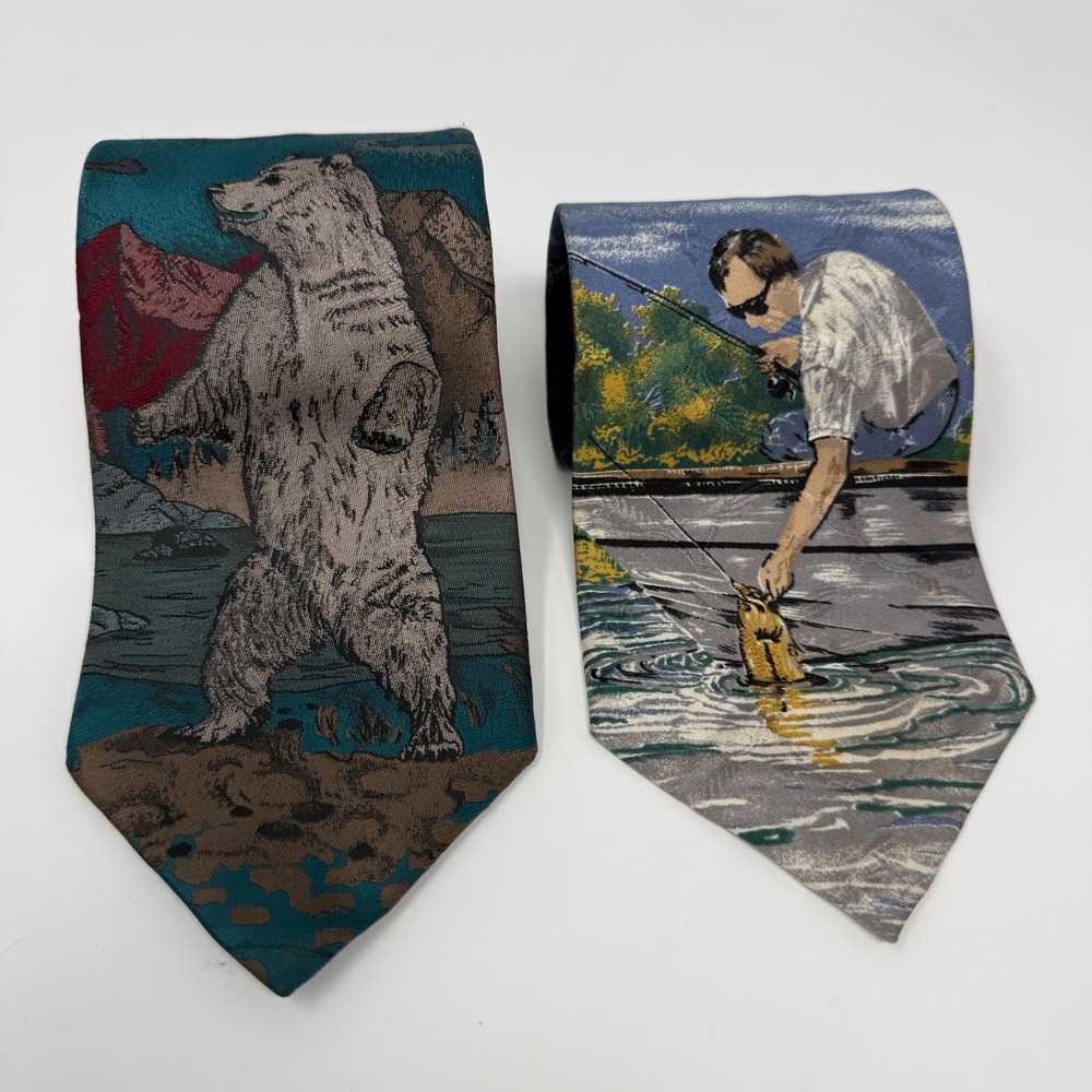 Necktie OS Blue‎ Fishing/Bear Scene Silk Novelty Men's Tie Lot 2